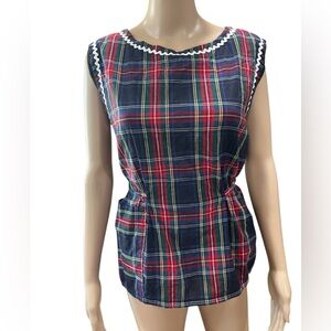 Vintage handmade plaid artist style wrap, top Rick rack pockets